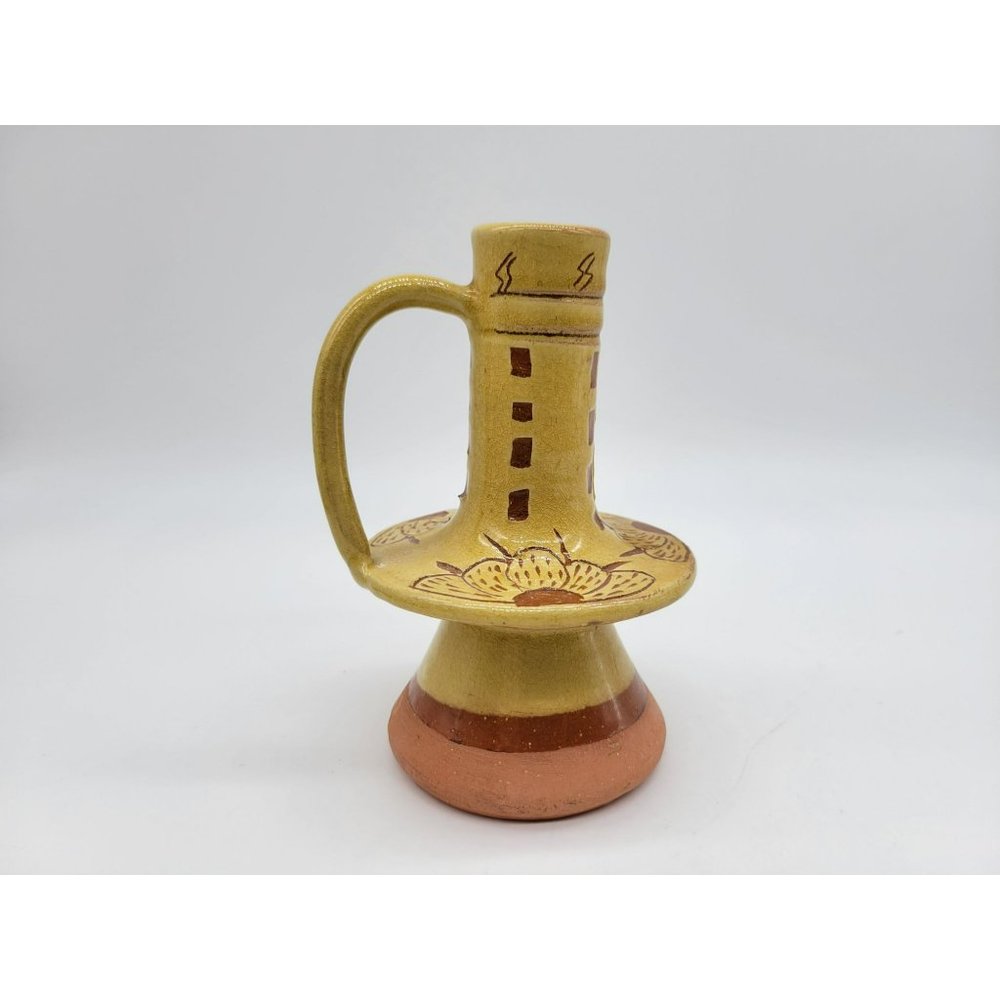 Pennsylvania Yellow Ware Glazed Chimney Candlestick W/Handle Incised Design